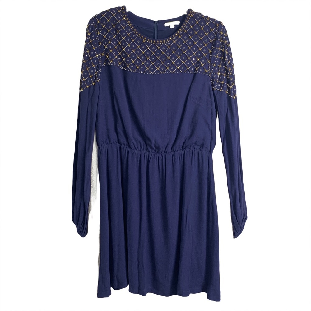 GIANNI BINI | long sleeve navy mini dress with gold embellishments